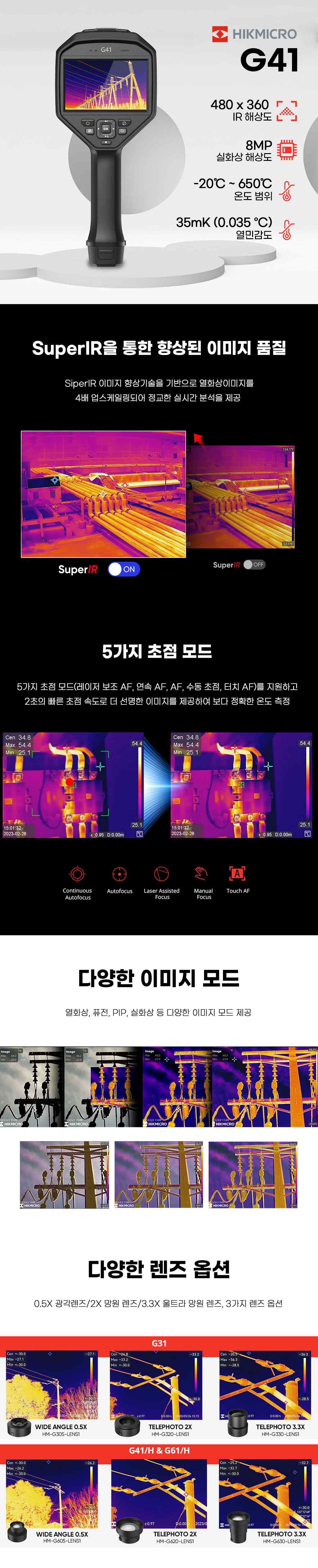 G41 SuperIR, 5가지 초점모드, 이미지 모드, 렌즈 옵션 소개