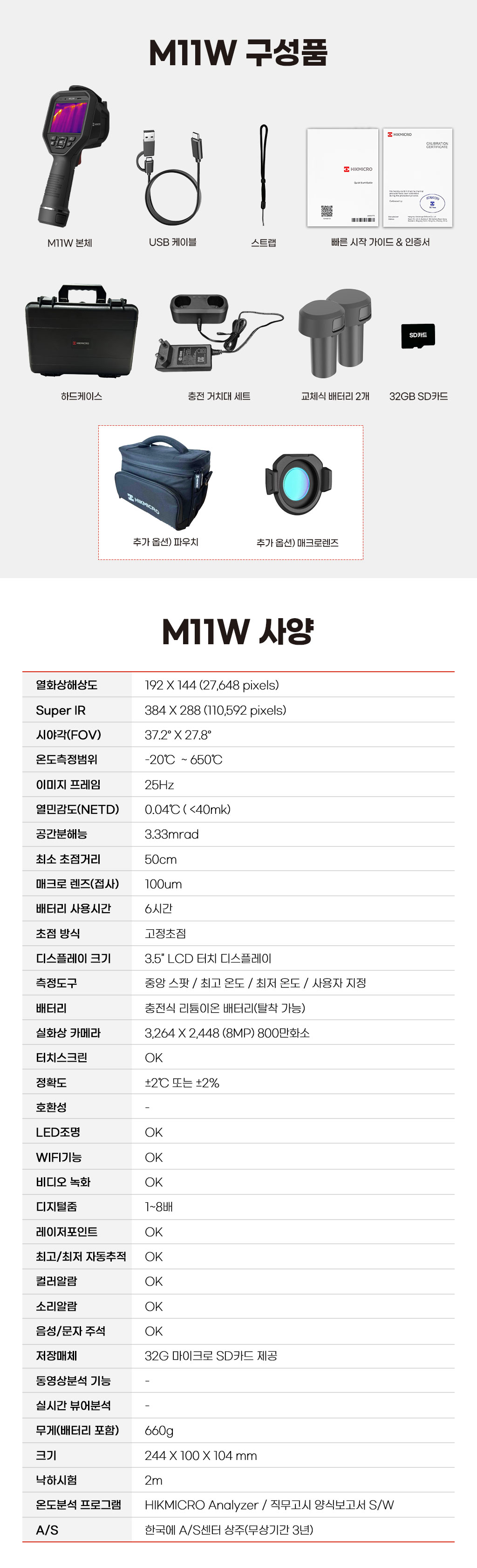 M11W 구성품 및 상세 사양표