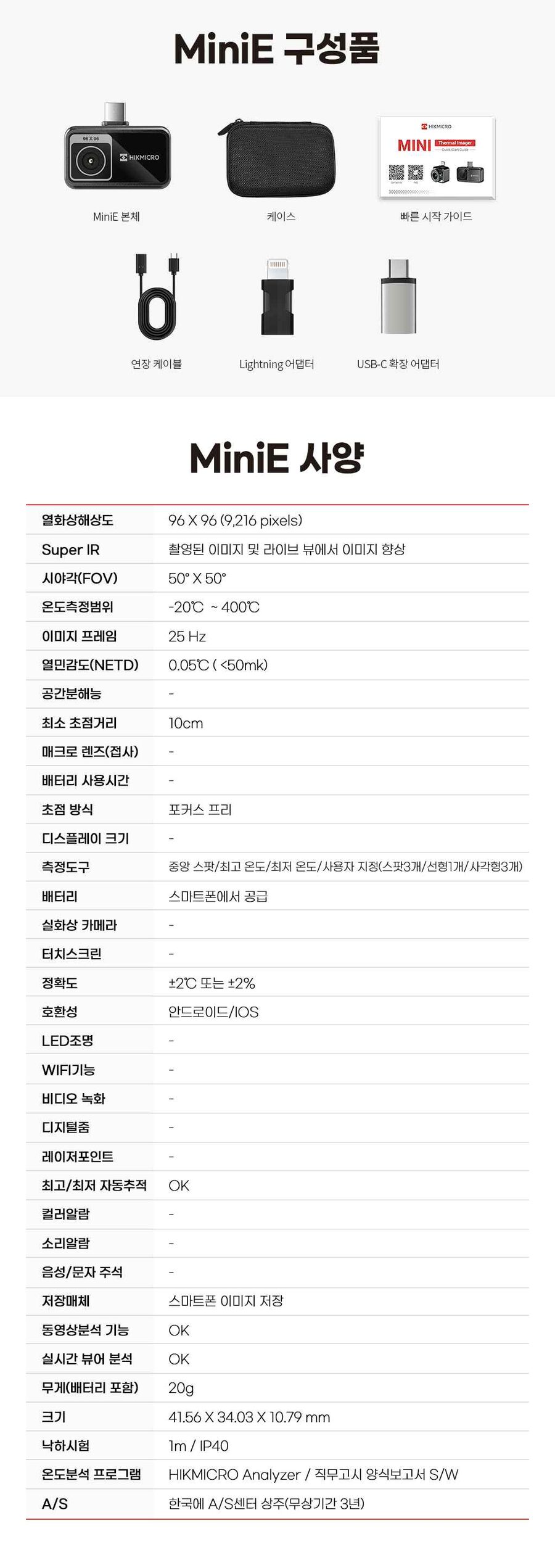 MiniE 구성품 및 상세 사양표