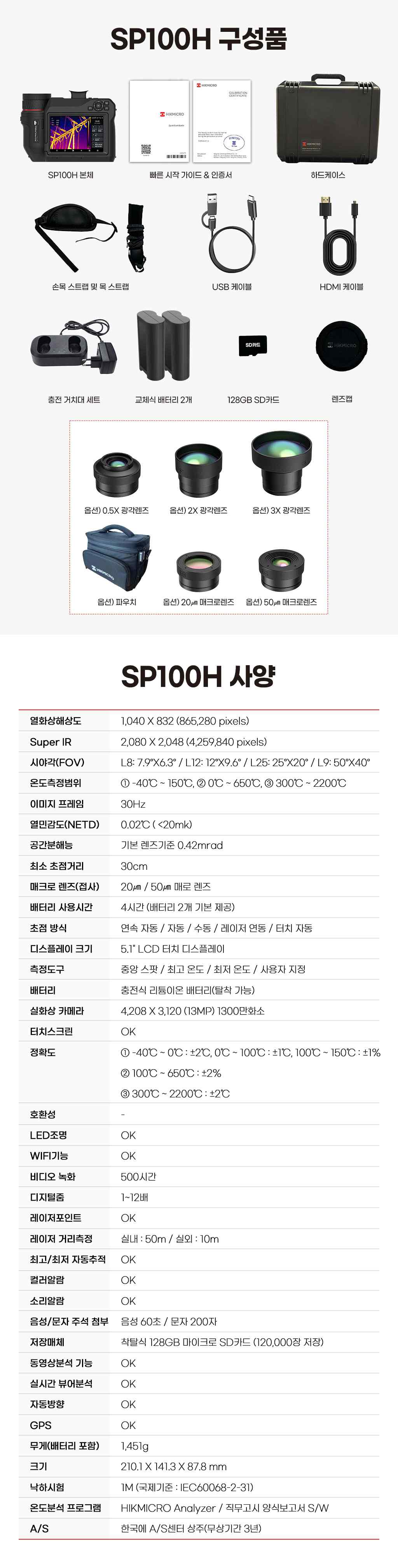 SP100H 구성품 및 상세 사양표